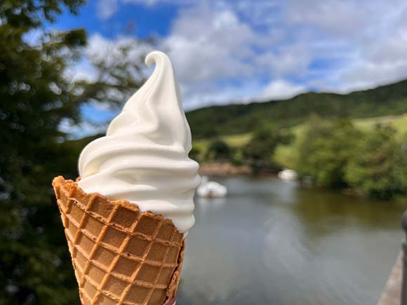 ソフトクリームと湖の風景