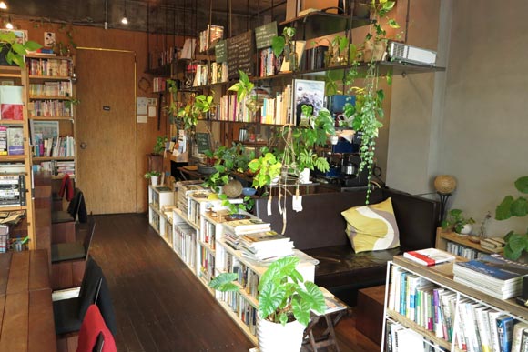 本や植物がある店内