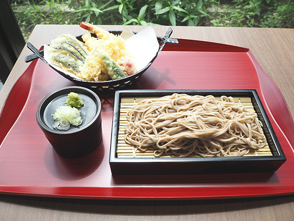 エビやナスなどの天ぷらと蕎麦