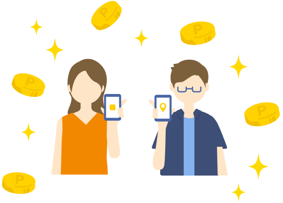 ポイントがたまって喜ぶ男女2名のイラスト