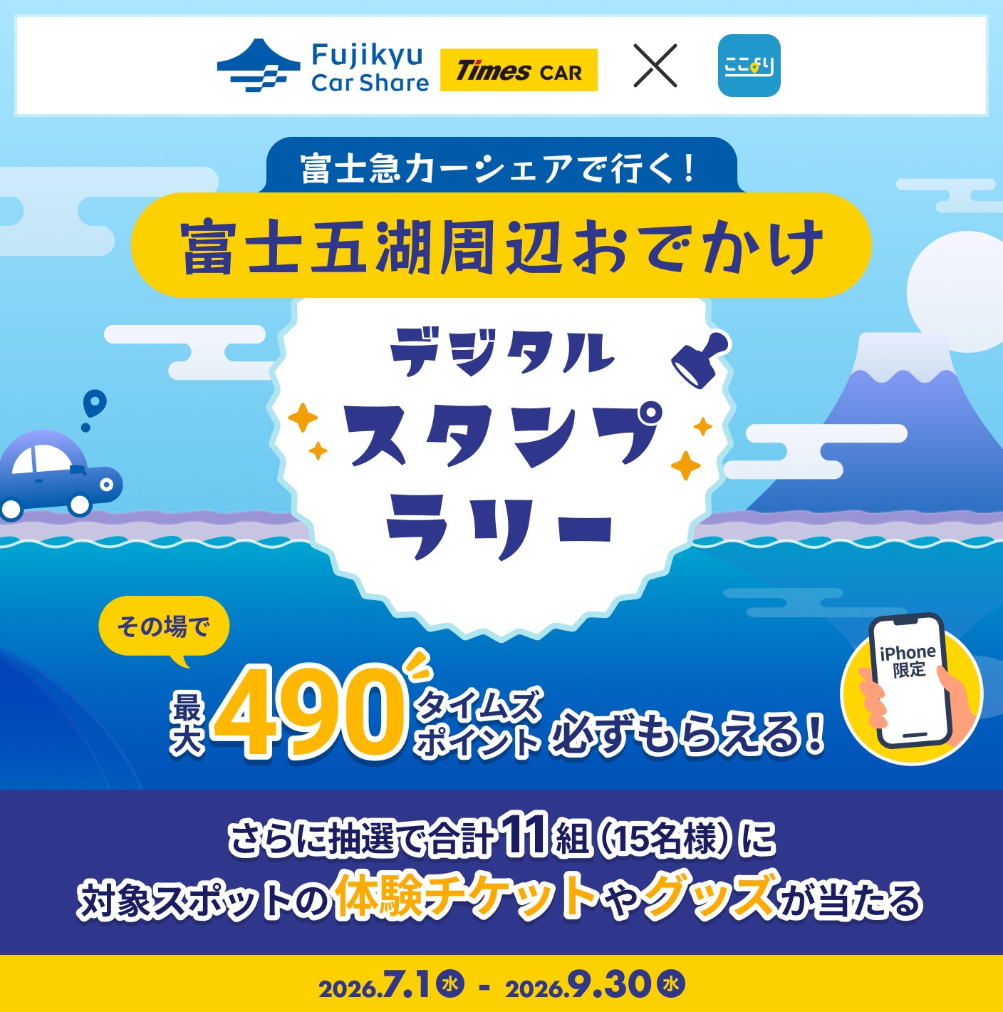 最大490タイムズポイント！さらに抽選で合計11組（15名様）に対象スポットの体験チケットやグッズが当たる！富士急カーシェアで行く！富士五湖周辺おでかけここよりデジタルスタンプラリー