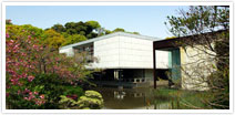 源平池に浮かぶように見える神奈川県立近代美術館