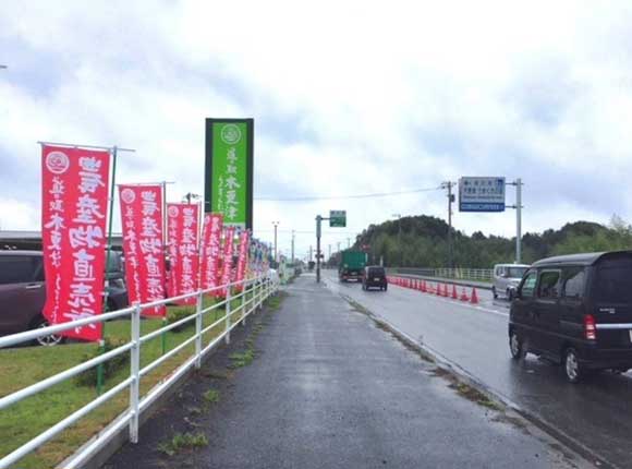 沿道に並ぶ幟と緑の看板