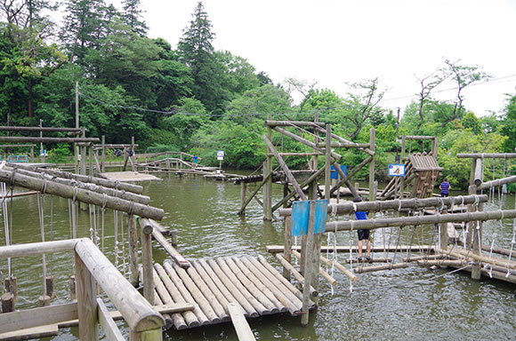 池の上にある様々なアスレチック