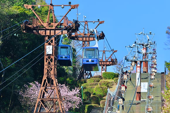 リフトのすぐ横を走る青いゴンドラ