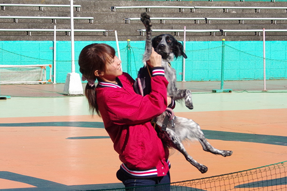 犬を抱き上げるスタッフ