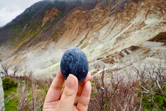 火山を背景に黒たまご