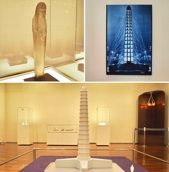 噴水塔のミニチュアなど３種の展示物