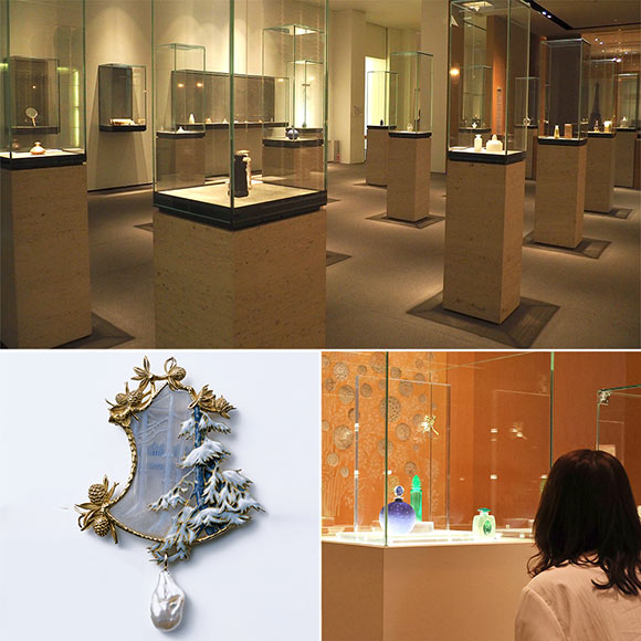 ジュエリーや香水瓶などの展示