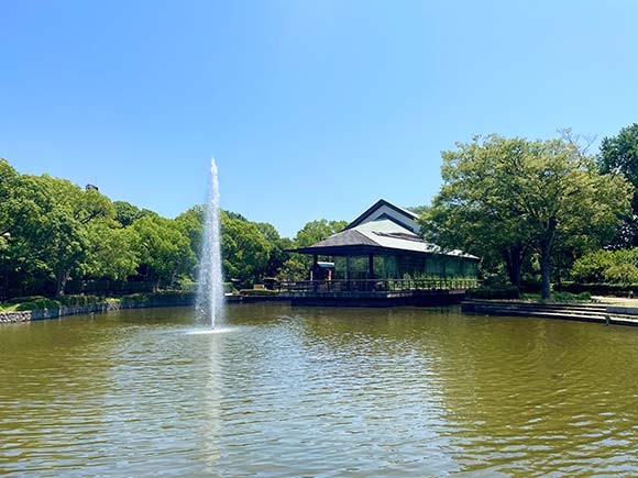 噴水が噴き出す池と隣接する建物