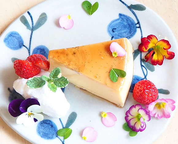 苺と花が添えられたチーズケーキ