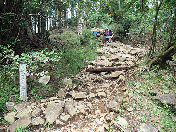 石でできた登山道を歩く人々