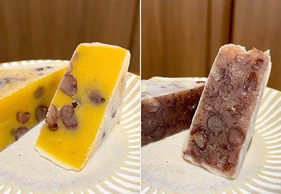 黄色や茶色のきんつばの断面