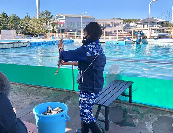 イルカの餌を持つ女性スタッフ