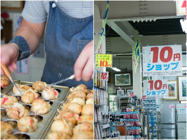 たこ焼きを作る人と10円ショップと書かれた店