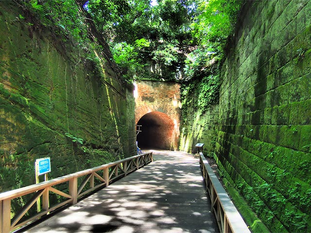 木道の先に見える煉瓦のトンネル