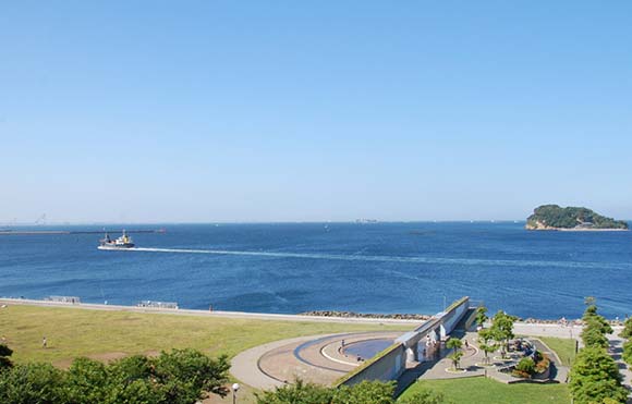 高いところから見た公園と海