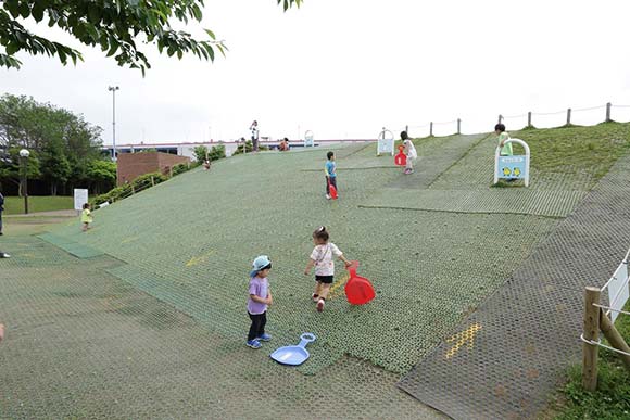 子どもたちが遊ぶ芝すべりのゲレンデ
