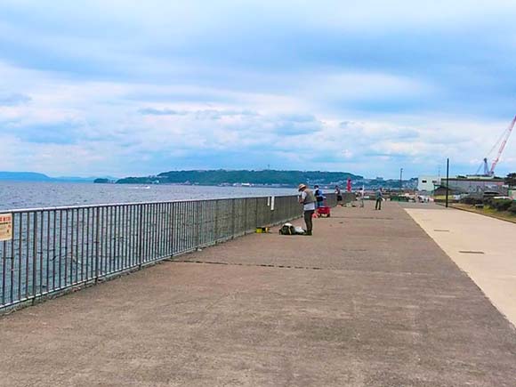 海沿いの通路で釣りを楽しむ人たち