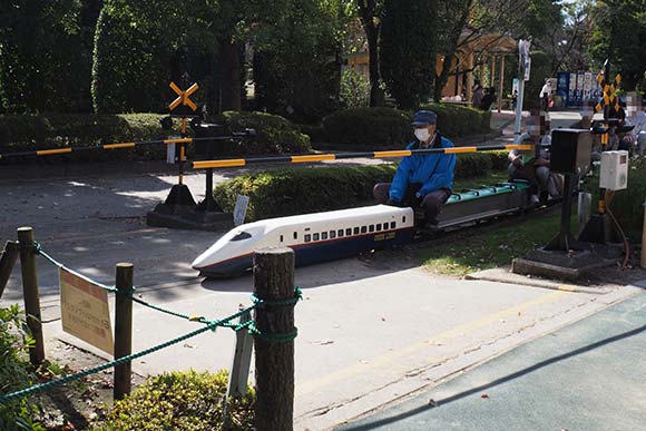 ミニ鉄道の電車に乗る人々