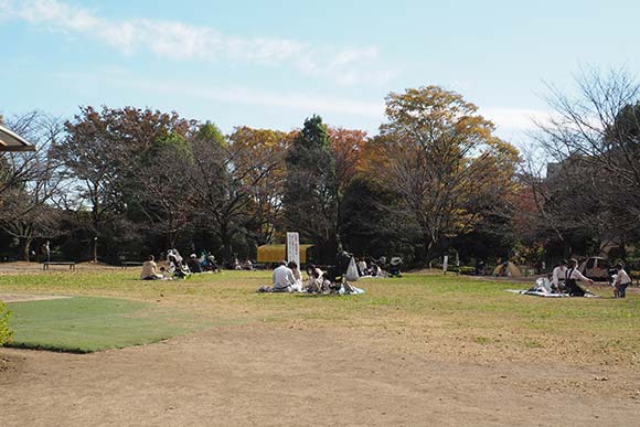 広場の芝生の上で寛ぐ人々