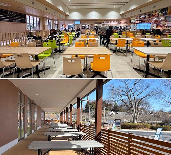 明るい屋内席と屋根のあるテラス席