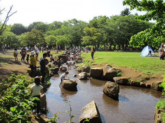 水が流れて子どもたちが遊んでいる川