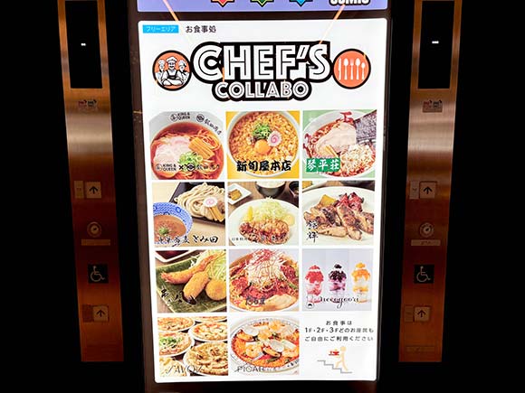 いろいろな店のメニューが掲示された看板