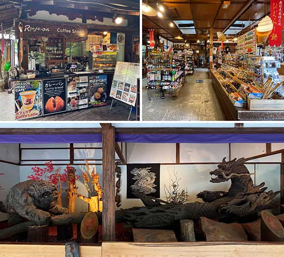 お土産店の店内や龍と虎の像など