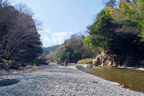 木々に囲まれ石が敷き詰められた川辺