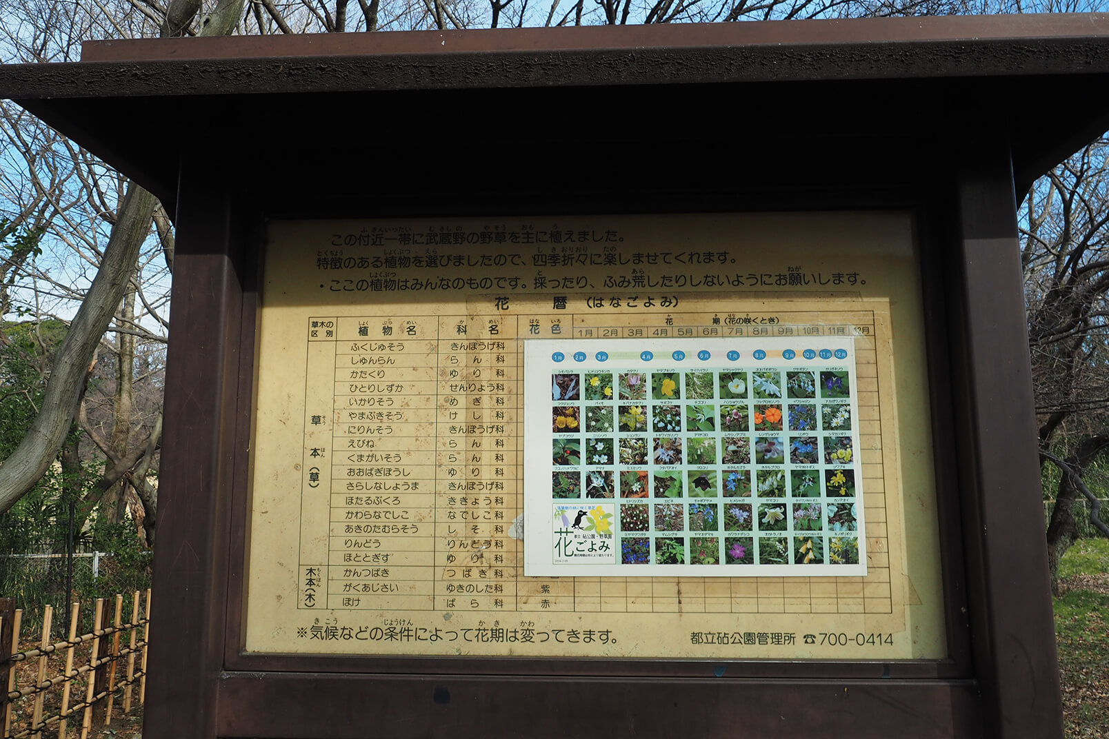 野草園に立っている花暦看板