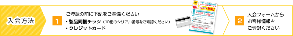 入会方法【1】ご登録の前に下記をご準備ください・製品同梱チラシ（10桁のシリアル番号をご確認ください）・クレジットカード【2】入会フォームからお客様情報をご登録ください